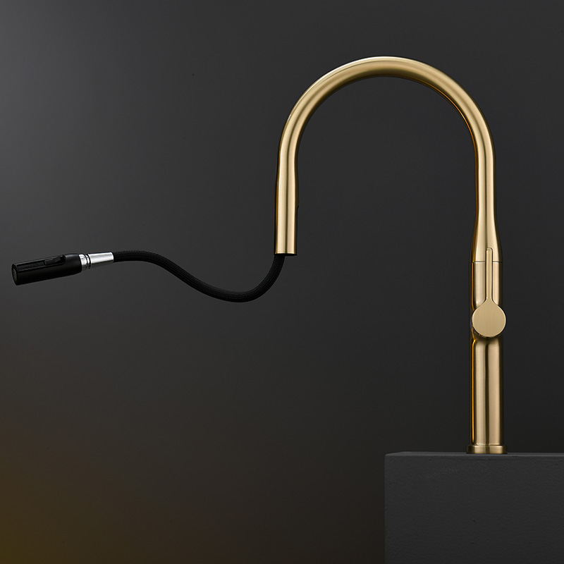 OUBAO Pull down kitchen faucet with sprayer, Brushed Gold morden style