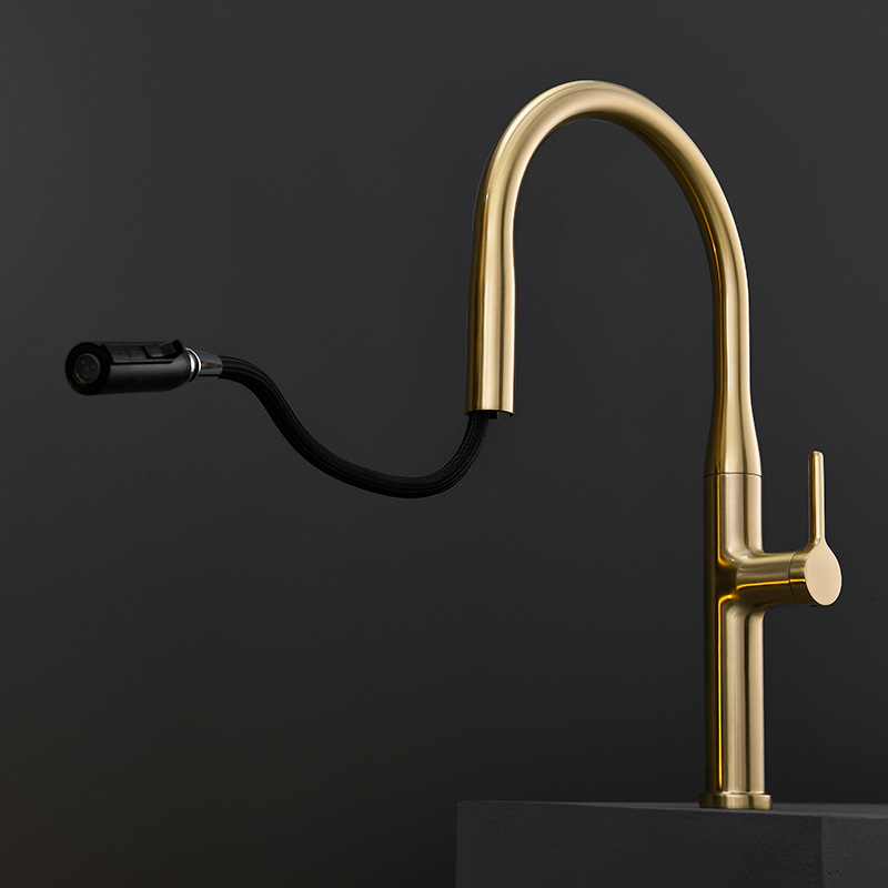 OUBAO Pull down kitchen faucet with sprayer, Brushed Gold morden style
