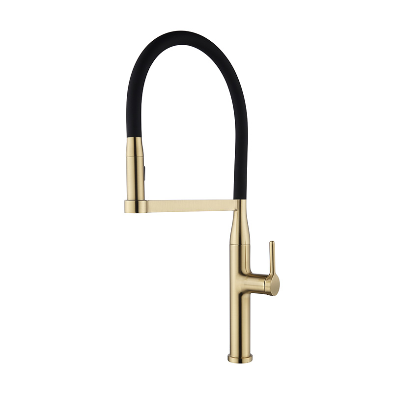 OUBAO Pull out Kitchen faucet with sprayer and silicone flexible hose, brushed gold and black