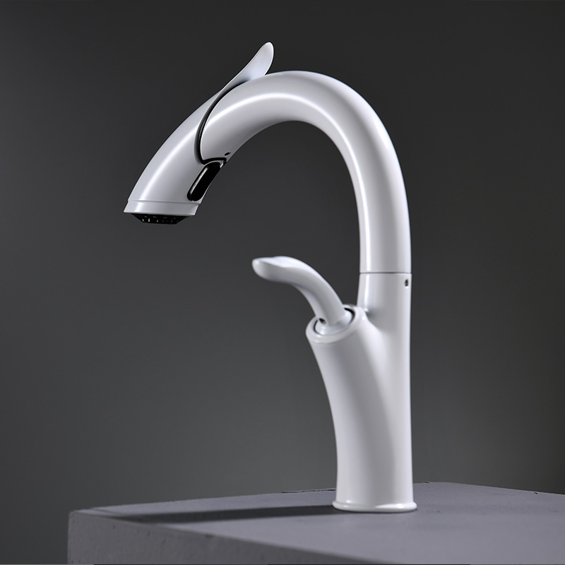 OUBAO White Pull out bathroom sink faucet with sprayer
