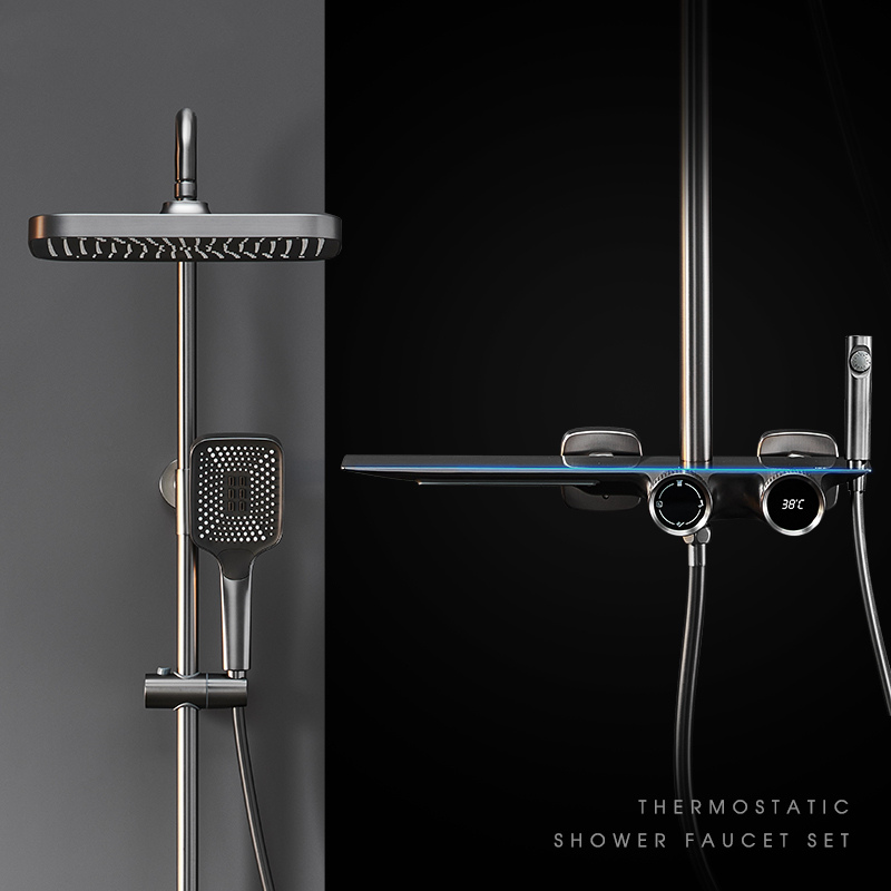 Thermostatic Mixer Shower with Digital Temperature Display，Rainfall Shower,Hand Shower and Sprayer